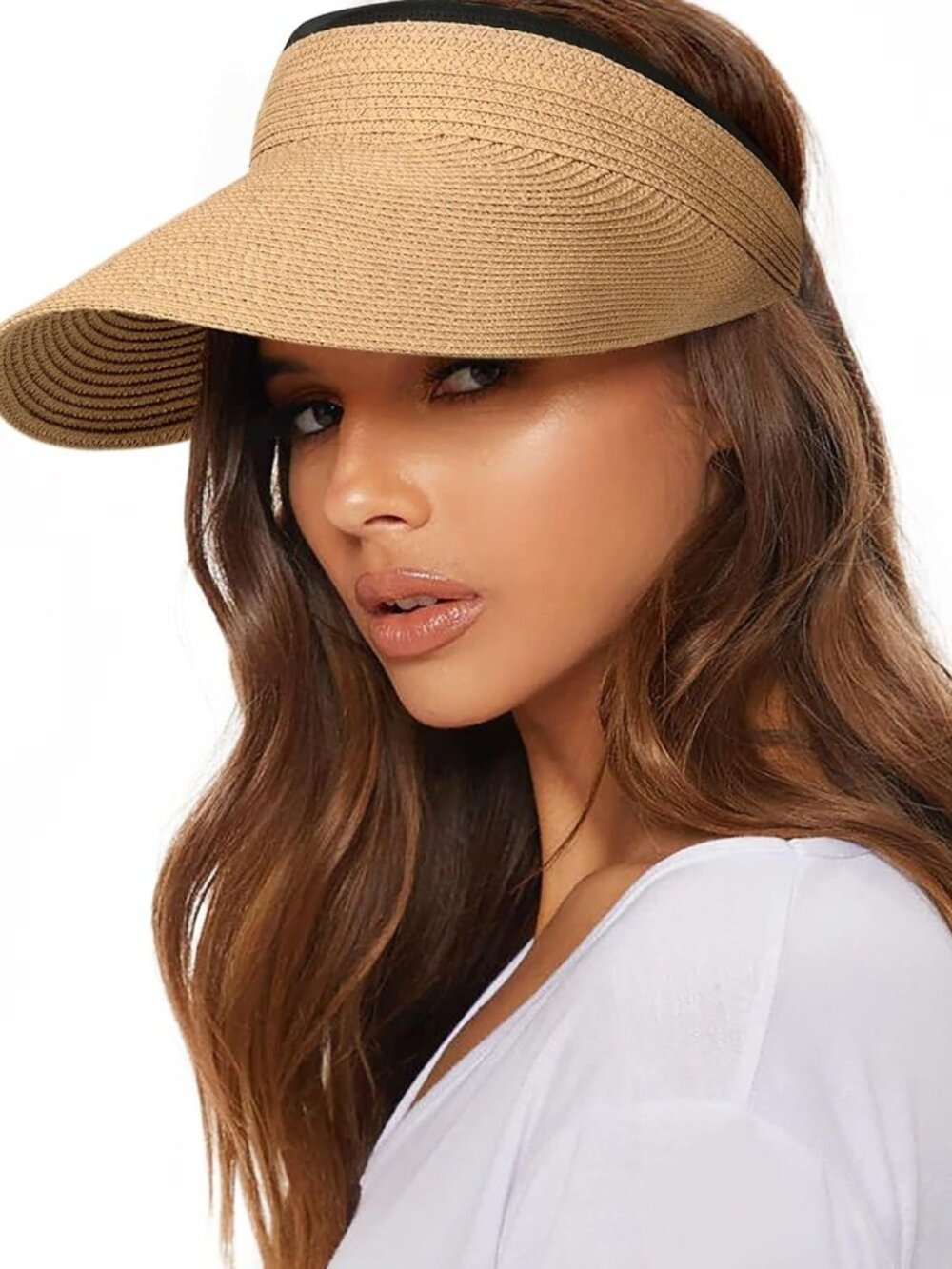 Wide Brim Straw Visor Hat for Women - Packable Sun Protection Beach Hat
